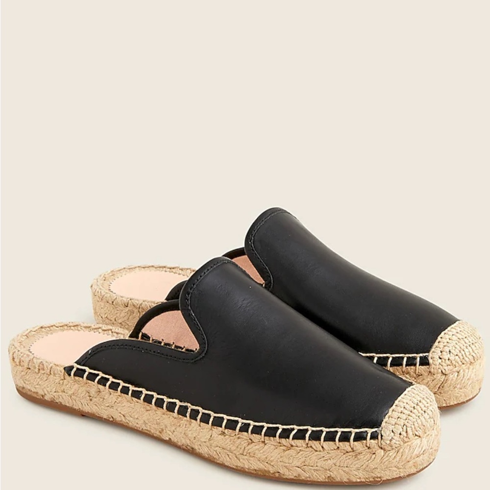 J. Crew Black Leather Espadrille Mules